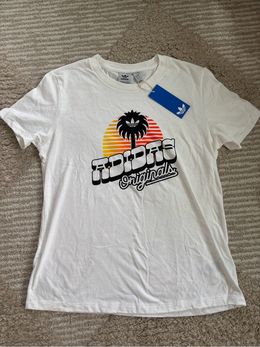 NWT Adidas White Graphic Tee with Sunset Palm